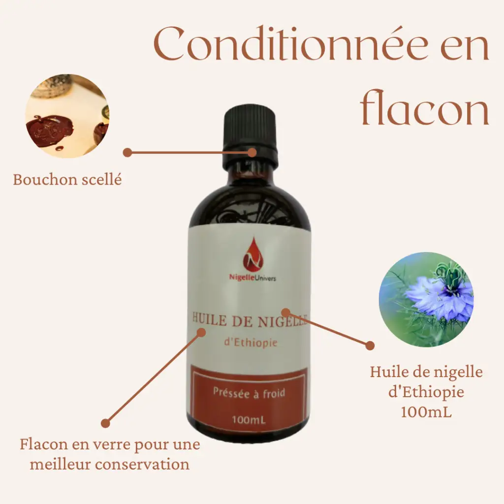 C'est une photo d'une huile de nigelle dans un flacon de 100mL